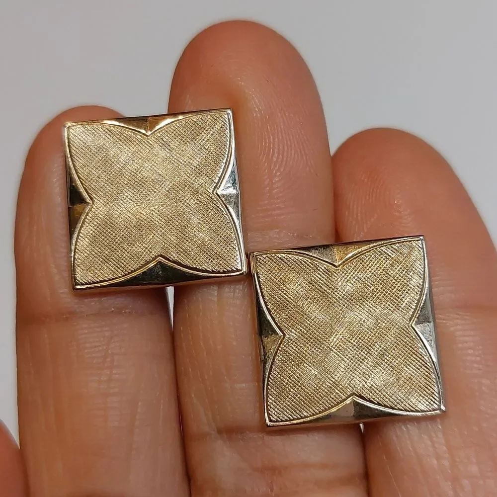 Vintage Shields Textured Clover Square Cufflinks Two Tone Gold